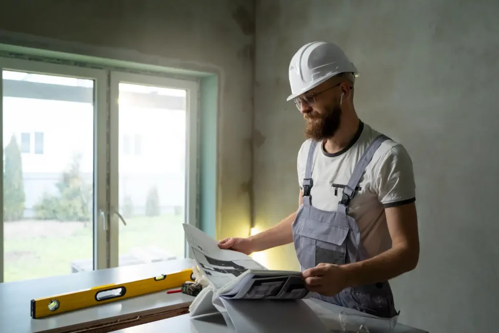 Homem verificando a avaliação de janelas e portas para prepare-se para chuvas e altas temperaturas no fim do ano, com checklist de manutenção.